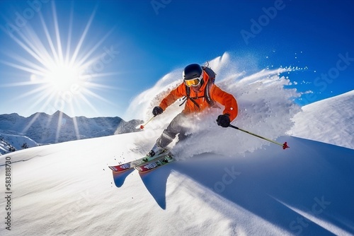 Skilled Skier in Action, Carving Through Deep Powder Snow, Pristine Mountain Slope, Generative AI