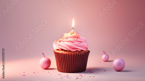 Delicious birthday cupcake with burning candles on table, seasonal & holiday, happy birthday celebration concept, on light pink background generative AI
