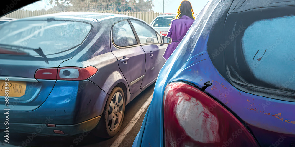 Woman standing near scratched auto, calling for help - Generative AI Woman standing near scratched auto, calling for help - Generative AI