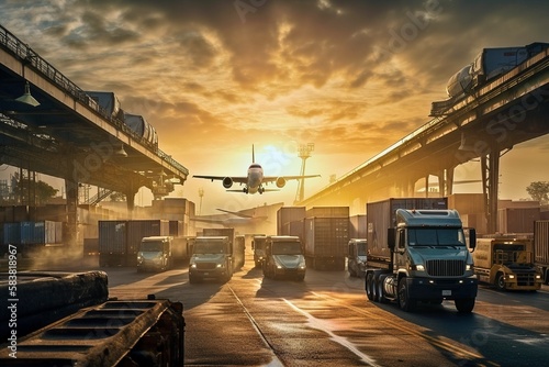 Business Logistics Concept, Plane, Truck, Train Import-Export Operations, Generative AI