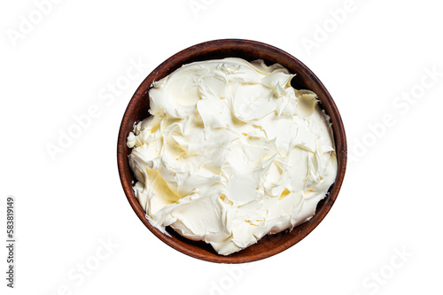 Traditional Mascarpone cheese in wooden bowl.  Isolated, transparent background.