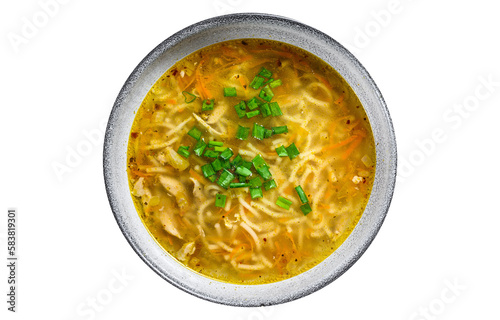 Fresh homemade chicken soup with noodle at table. Isolated, transparent background.
