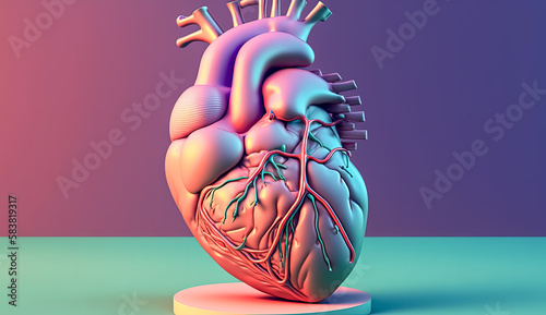 Anatomical illustration art model of the heart with blood and venous vessels on a dark background