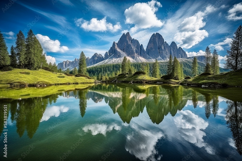Lago Antorno, Dolomites, Reflecting Tre Cime di Lavaredo Peaks, Generative AI
