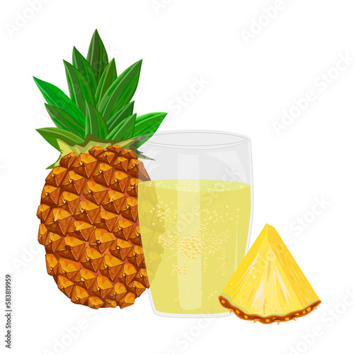 Glass of pineapple juice. Whole and slice pineapple, ananas juice in mug. Ananasas sap. Fresh tropical fruit beverage. Sweet pineapple lemonade or smoothie.Healthy refreshing drink.Vector illustration