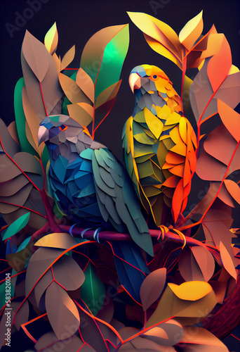 Beautiful geometric Parrots concept, abstract  background. Generative AI technology.  © Natalia