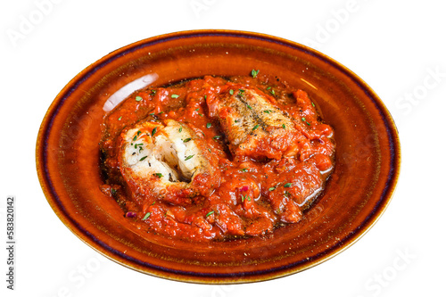 Roast hake white fish fillet with tomato sauce in a plate.  Isolated, transparent background.