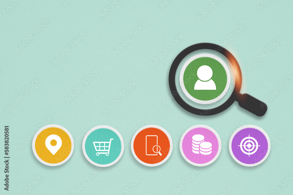 For buyer persona, customer target concept. Buyer or customer psychology profile or characteristics. people icon inside on grunge green paper cut with magnifying glass and business icon, copy space For buyer persona, customer target concept. Buyer or customer psychology profile or characteristics. people icon inside on grunge green paper cut with magnifying glass and business icon, copy space