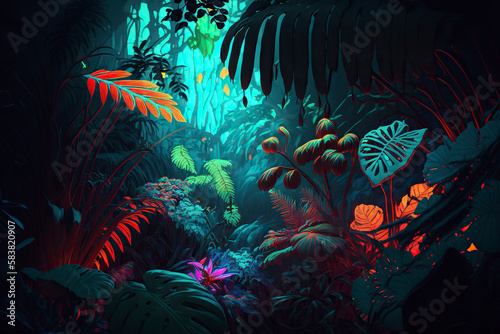 Jungle in neon colors. Generative AI.