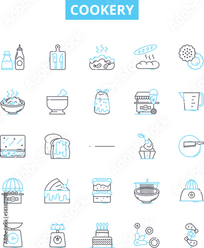 Cookery vector line icons set. Ingredients, Recipe, Measurement, Techniques, Tools, Flavorings, Seasonings illustration outline concept symbols and signs photo