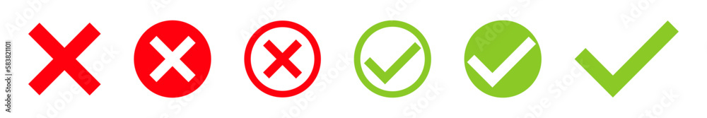 Green check mark and red cross vector illustration set. Checklist mark icon. Green check mark and red cross vector illustration set. Checklist mark icon.