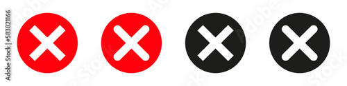 Black and red cross vector illustration set. Negativ sign. Checklist mark icon.