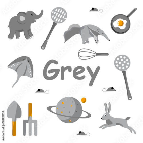 grey color. Flash cards for learning and practicing colors. Worksheet for children
