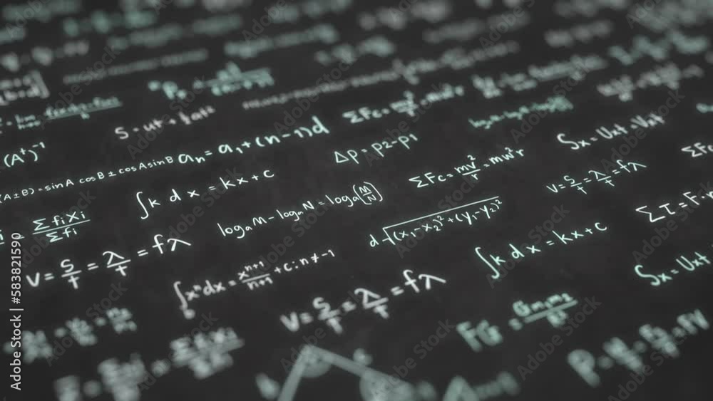 Abstract Physics equation concept, Mathematics calculation, Sciences formula, arithmetic and handwritten geometry symbol, handwriting study chalk on black chalkboard background, 3d rendering