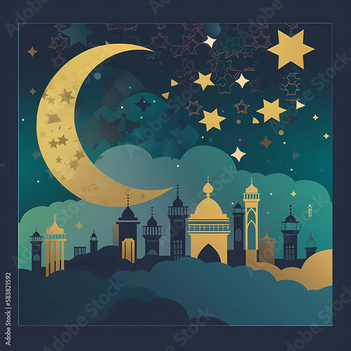 Islamic Flat style design greeting card for Ramadan and Adha Eid, Generative AI