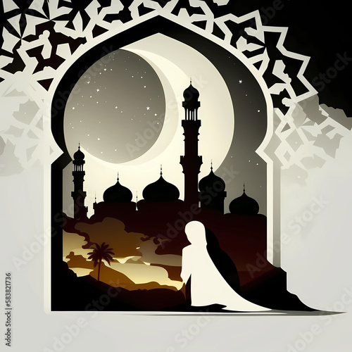 Ramadan Kareem Flat style Islamic design praying greeting card, Generative AI