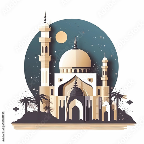 Ramadan Kareem Flat style Islamic design with mosque on white background