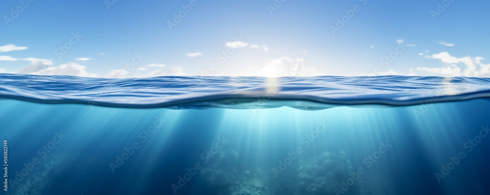 Meer mit halber Sicht unter Wasser und über Wasser mit Himmel - Thema Urlaub, Südsee oder Reisebüro - Generative AI Illustration Meer mit halber Sicht unter Wasser und über Wasser mit Himmel - Thema Urlaub, Südsee oder Reisebüro - Generative AI Illustration