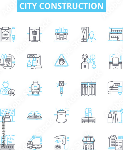 City construction vector line icons set. Urbanization, architecture, infrastructure, building, redevelopment, planning, growth illustration outline concept symbols and signs