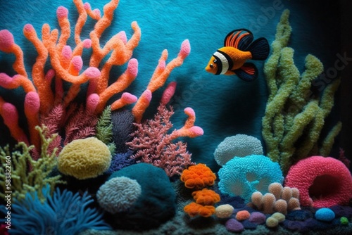 Colorful felted wool seascape coral reef  Generative Ai