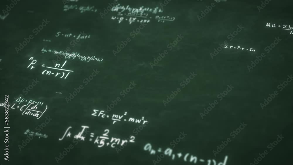 Abstract Physics equation concept, Mathematics calculation, Sciences formula, arithmetic and handwritten geometry symbol, handwriting chalk study on green board background, 3d rendering