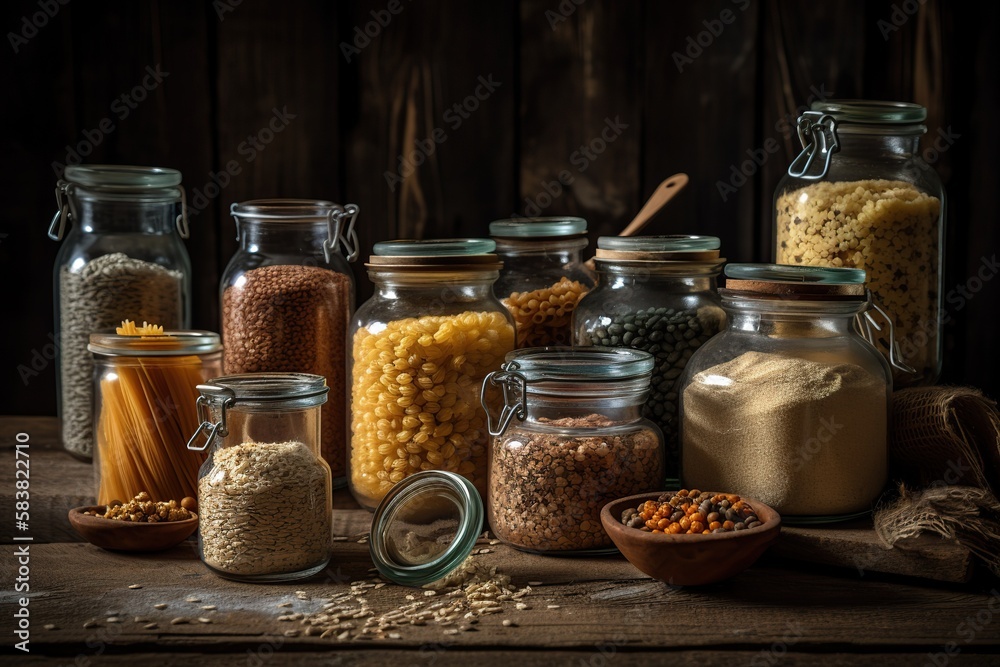 Variety of cereal grains and seeds in glass jars. Ai generated. Variety of cereal grains and seeds in glass jars. Ai generated.