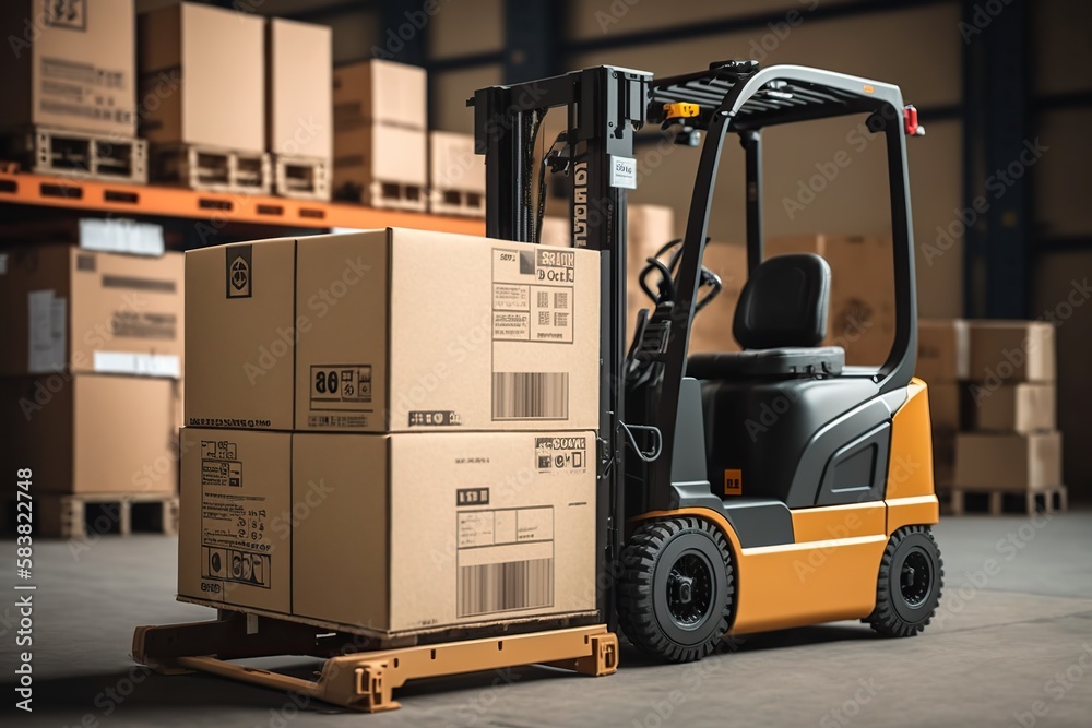 A forklift in a warehouse moves heavy cardboard boxes. Ai generated
