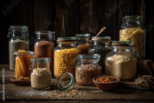 Variety of cereal grains and seeds in glass jars. Ai generated.