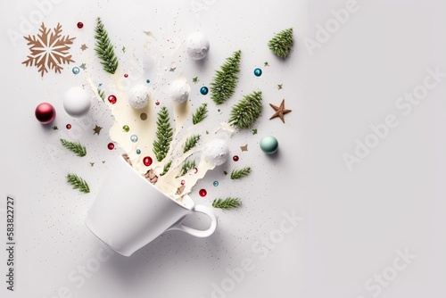 A cup with milk, seen from above, spilled with Christmas motifs. Ai generated.