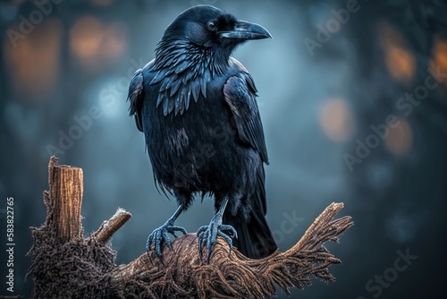 A large raven perches atop a branch, its black feathers and sharp beak making it stand out in the wildlife. Ai generated. photo
