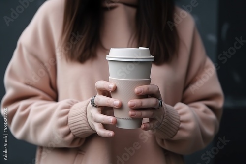 A woman holds a cardboard coffee cup from a take away. Ai generated.
