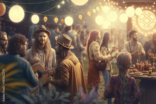 A youth party with a hippie theme, illustration at sunset. ai generated