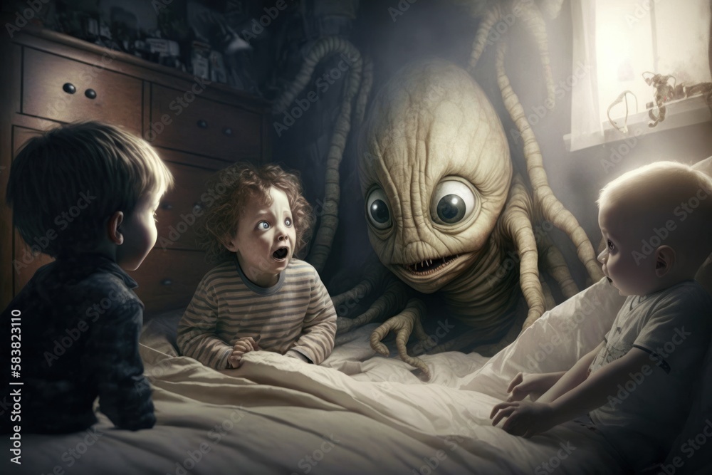 Children sitting, alien is kidnapping kids. Creepy picture of the