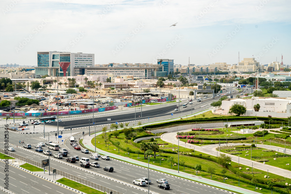 Aerial view of Doha Roads and traffic on corniche road