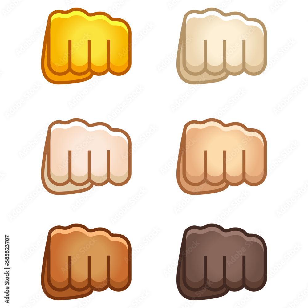 Obraz premium Different mood emoji. Emotional fist bump punch fight emoji hand set of various skin tonescute cartoon stylized vector cartoon illustration icons. Isolated on white background.