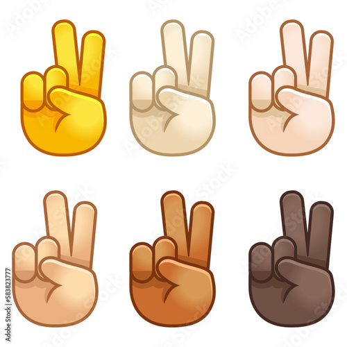 Different mood emoji. Emotional peace sign emoji hand set of various skin tonescute cartoon stylized vector cartoon illustration icons. Isolated on white background.