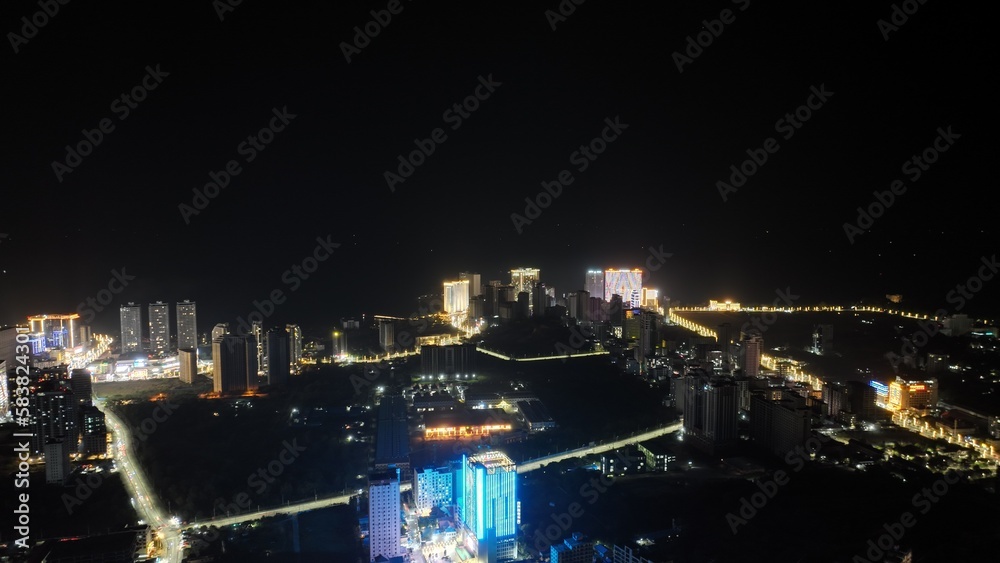 Night view of Sihanoukville City Cambodia with beautiful lights captured by drone