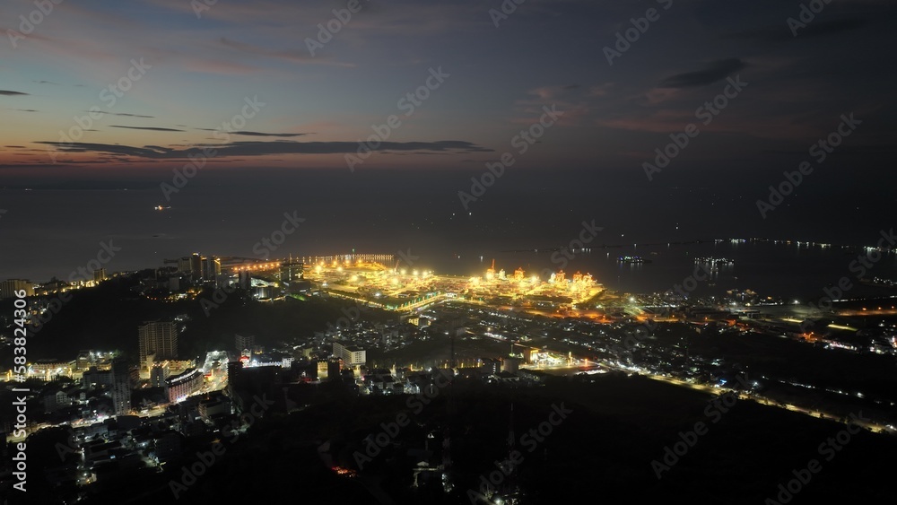 Night view of Sihanoukville international port with beautiful lights captured by drone