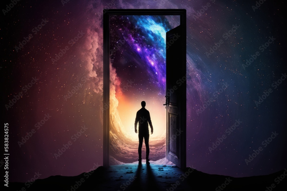 Opened doors, man is standing. Image of starry background with galaxies. Beautiful illustration picture. Generative AI Opened doors, man is standing. Image of starry background with galaxies. Beautiful illustration picture. Generative AI