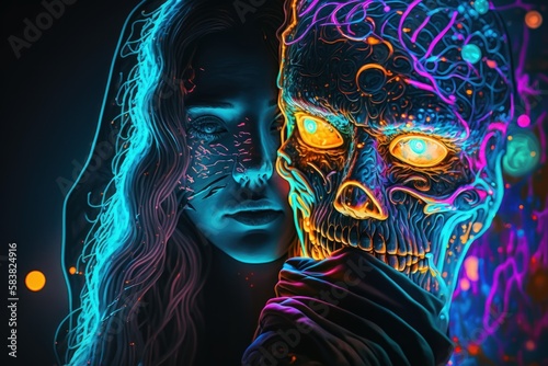 Surreal neon image of faceless person. Beautiful illustration picture. Generative AI