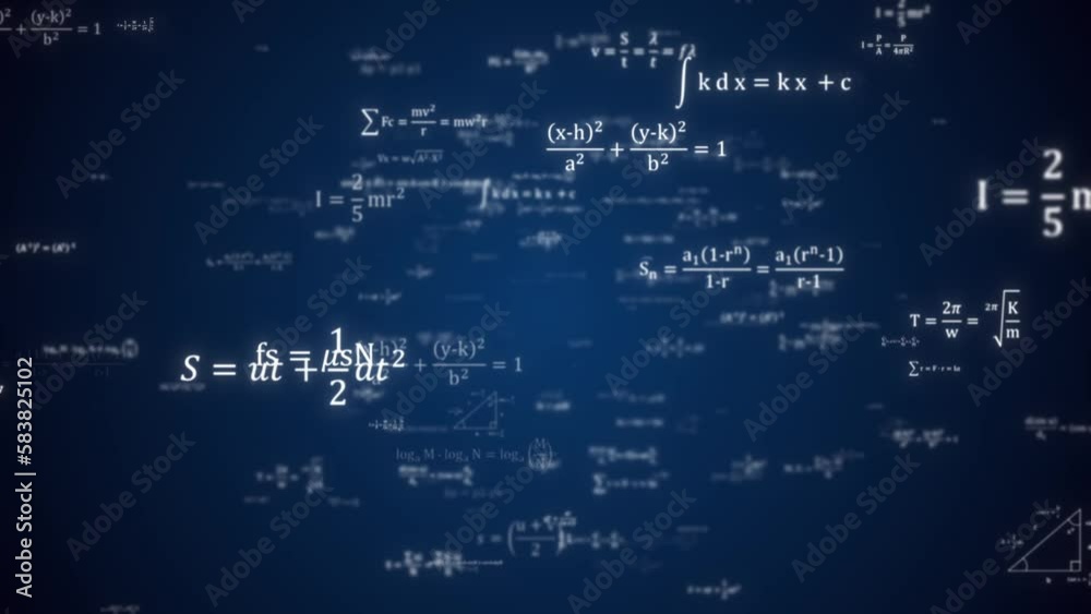 Abstract Physics equation fly over concept, Mathematics calculation floating, Sciences formula, arithmetic and handwritten geometry symbol, typewriting study on blue background, 3d rendering