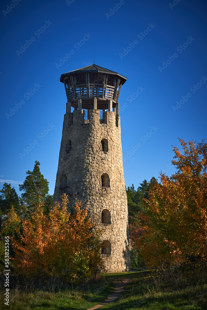 View of the stone lookout tower in the quarry located in Józefów in Roztocze