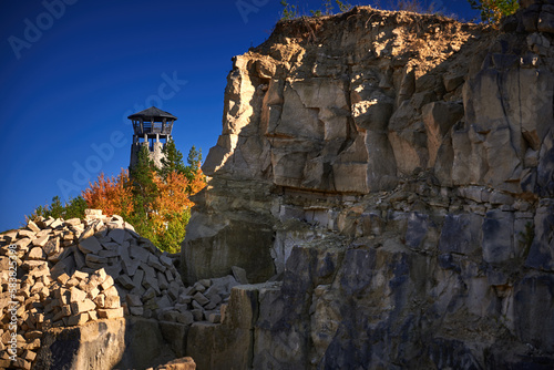 View of the stone lookout tower in the quarry located in Józefów in Roztocze