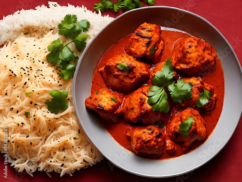 a plate of food with rice and meatballs indian curry chiken tikka mashala roti Generative AI  photo