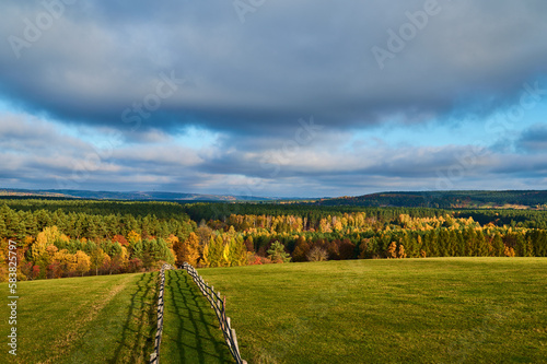 A road on a hill separating the pasture in autumn