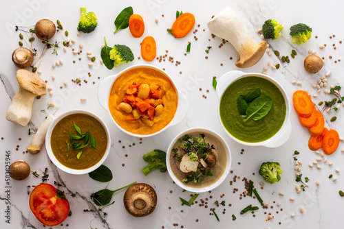 Mushroom and lentil cream soup, phaloli, carrot and tomato soup, broccoli and spinach soup on white background with cooking ingredients