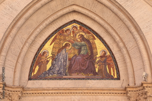 Santa Maria del Rosario in Prati Church Facade Mosaic Depicting Christ Crowning Holy Mary in Rome, Italy
