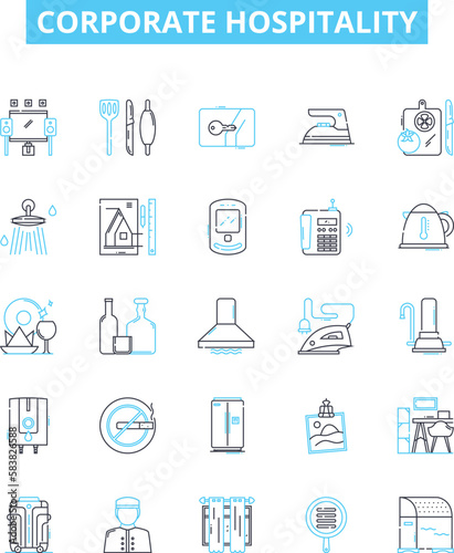Corporate hospitality vector line icons set. Events, receptions, catering, hosting, networking, conference, business illustration outline concept symbols and signs
