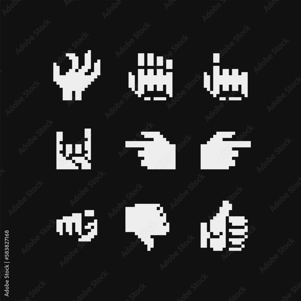 Hand pose pixel art icons set, Index pointing up, Zombie hand. Hand pointer. Video game sprite 1-bit. Isolated vector illustration. Design for stickers, logo, embroidery, mobile app.