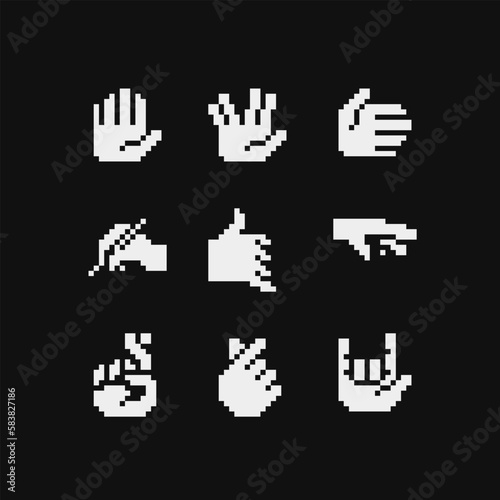 Hand set, pixel art icons, heart gesture, hand with fingers splayed. Sign of the horns. Video game sprite 1-bit. Isolated vector illustration. Design for stickers, logo, embroidery, mobile app.